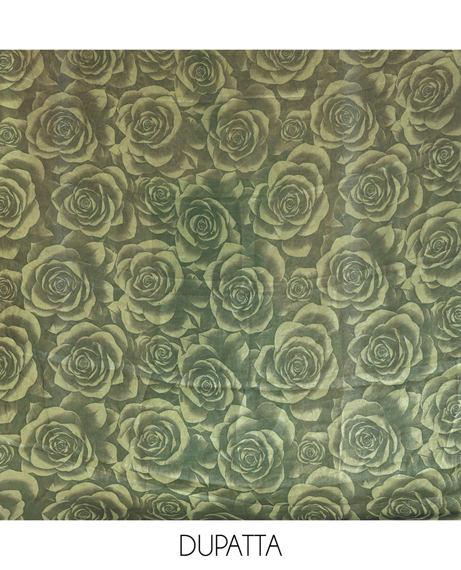 Pista Green Velvet Organza Designer Material Chudidar, Floral Embroidery Top, Plain Bottom, Rose Printed Dupatta