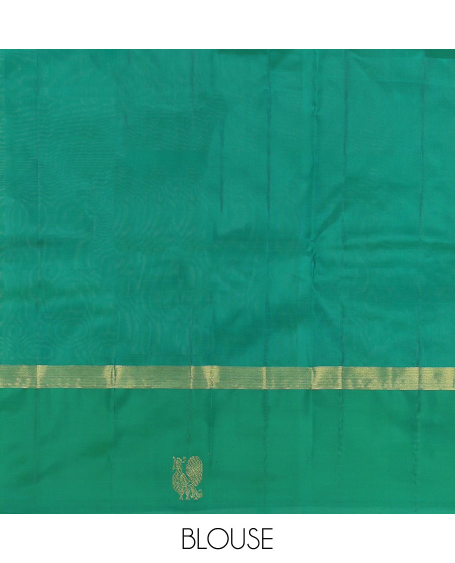 Pink Kanchipuram Silk Saree, Woven with Zari Buttas, Complemented by a Contrast Mayil and Yaanai Border, Pallu of Zari Design, and Contrast Blouse