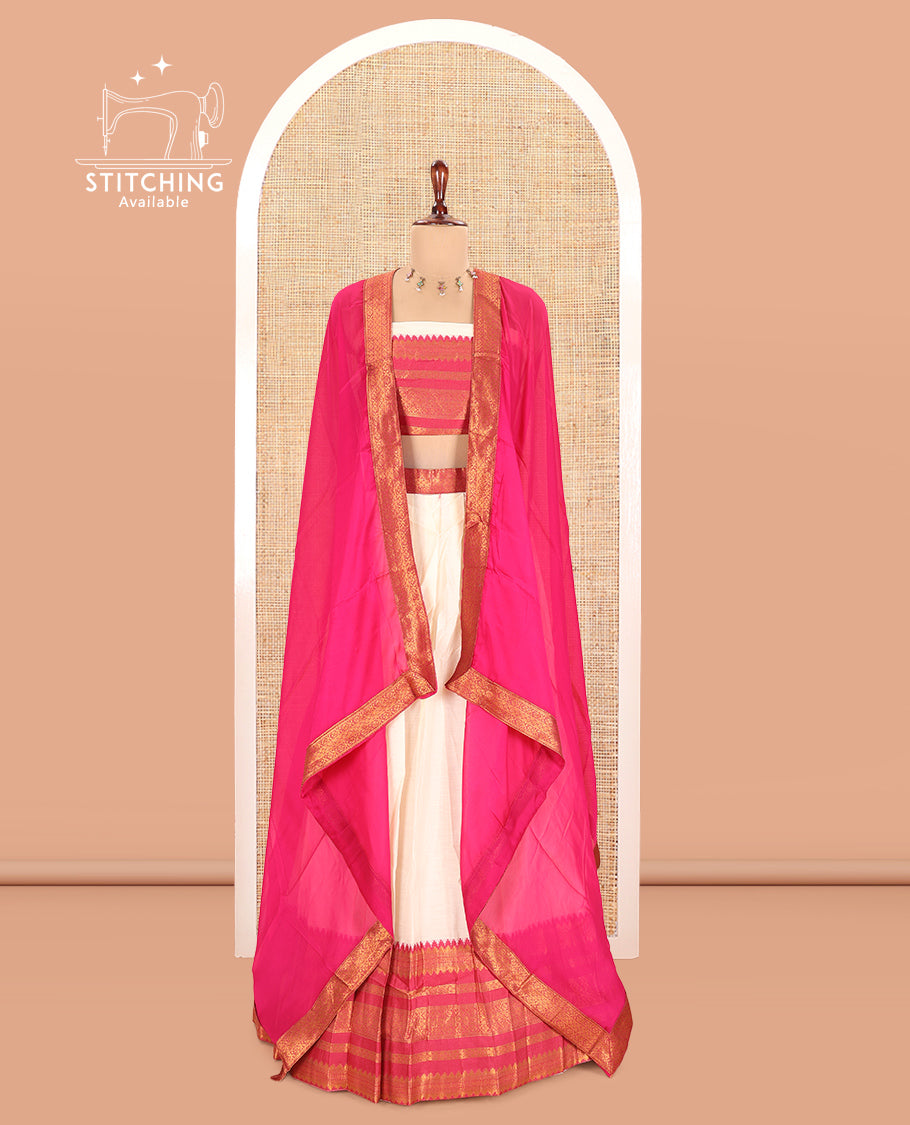 Cream-Rani Pink Semi-Silk Half-Saree