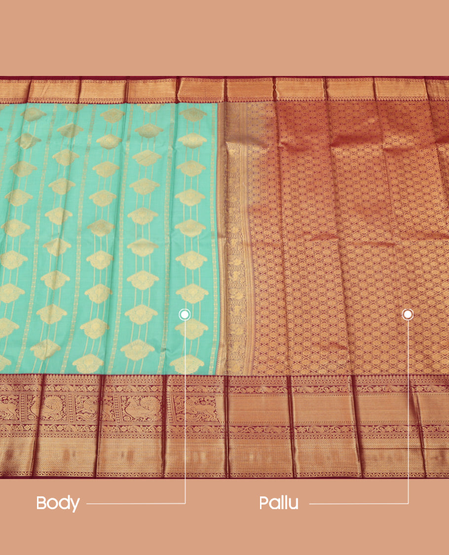 Green Budget Silk Saree, Woven with Zari Designs, Complemented by a Contrast Traditional Zari Border, Jaal Pallu, and Contrast Blouse