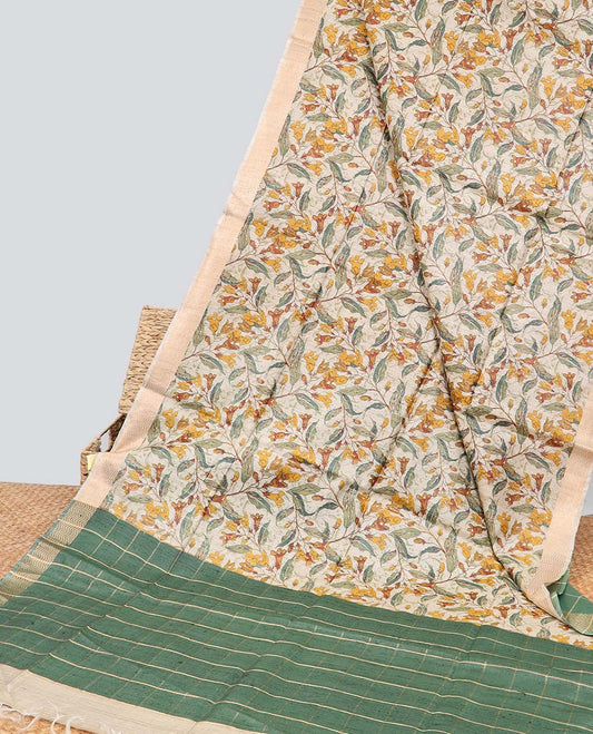 Cream floral printed tussar silk saree with self-border & checked pallu