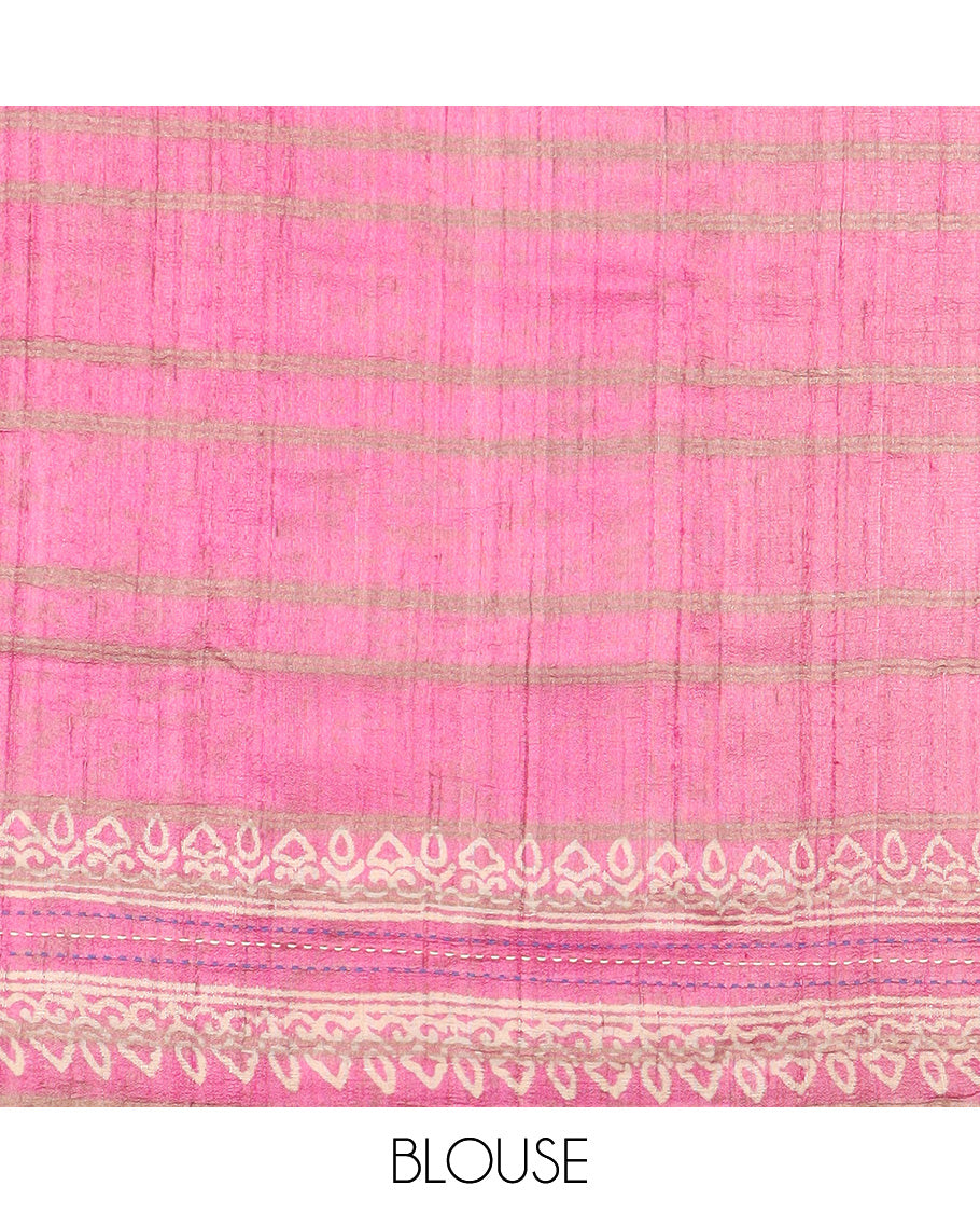 Pink zari checks and cypress tree style like printed tussar silk saree, thin piping border, and contrast multi-colored thread stripes embroidered pallu