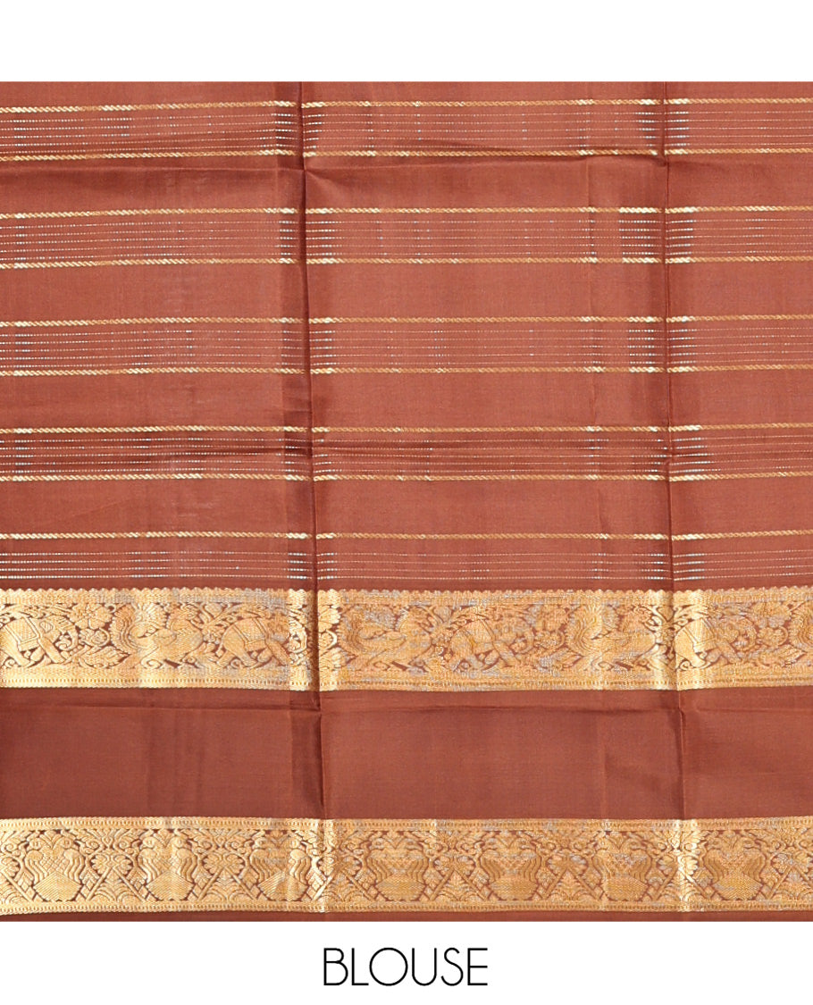Cream Vasundhara Silk Saree, Enthralled with Zari Buttas Enclosed Checks All Over Its Body, Complemented by a Contrast Rettai Pettu Border of Muthu, Banaras, and Iruthalai Pakshi Designs, a Grand Pallu, and Paired with a Contrast Blouse