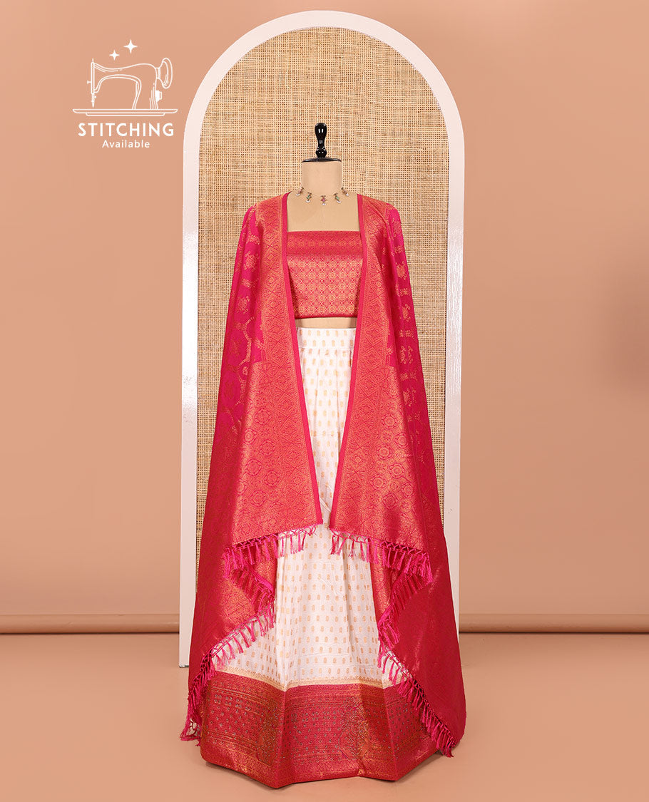 Cream and Pink Pure Georgette Crepe Half-Saree Featuring Buttas all Over Its Skirt, Complemented with Contrast Swarovski Stone Work Border, Paired with a Jacquard Blouse, and Contrast Banarasi Jacquard Dhavani