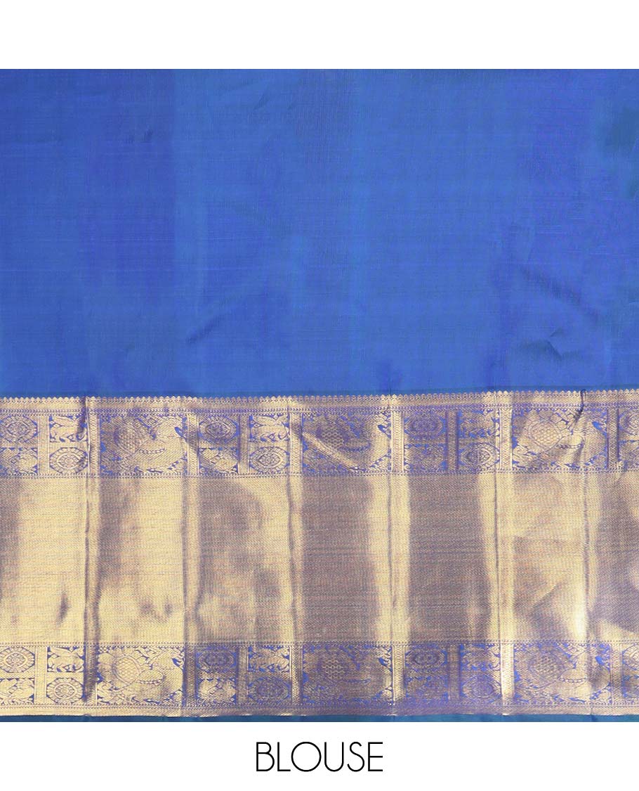 Blue floral jacquard samudrika silk saree with contrast intricate zari design border & floral zari design pallu