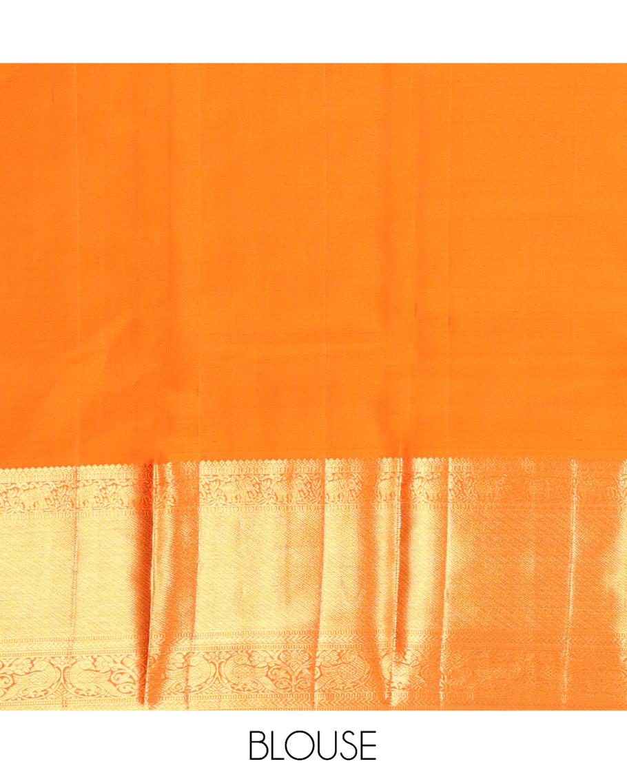 Orange Jacquard Kanchipuram Wedding Silk Saree, Highlighted by a Zari Border of Thilakam Mokku, Yaanai, Mayil, Kathir Designs, Intricately Designed Pallu, and Matching Blouse