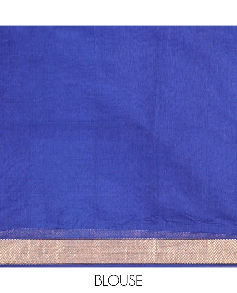 Blue Maheshwari Cotton Saree, Enthralled with Zari Stripes All Over Its Body, Highlighted by a Zari Border of Jaal Motifs, Pallu Steeped with Gleaming Zari Designs, and Paired with a Matching Blouse