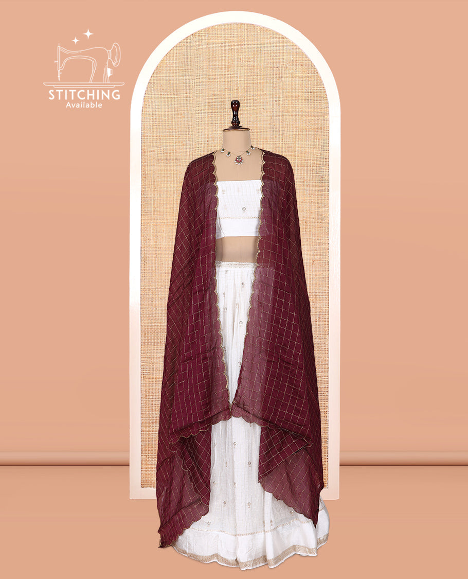 Cream-Wine Viscose Georgette Half-saree, Buttas Skirt, Matching Blouse, Contrast Checked Dhavani