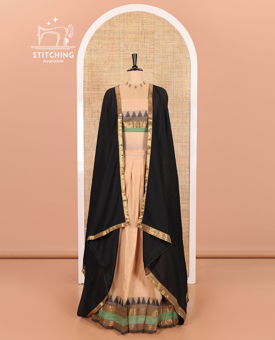 Ivory-Black Chettinad Cotton Half-Saree Featuring a Plain Skirt, Highlighted with a Contrast Traditional Zari Rettai Pettu Temple Border, a Subtly Woven Matching Blouse, and a Vichitra Silk Contrast Traditional Zari-Bordered Dhavani