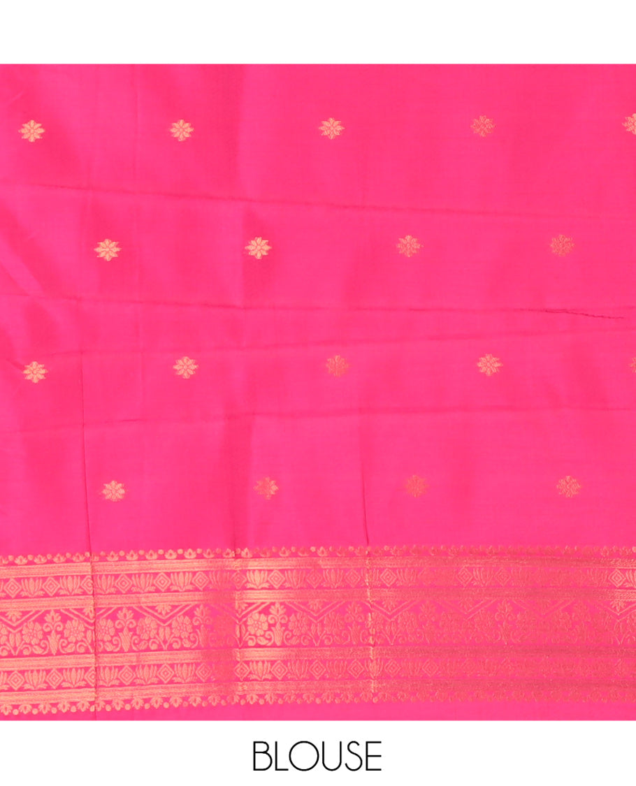 Mustard-Rani Kanchi Silk Saree, Adorned with Zari Buttas, a Contrast Zari Butta Border, Grand Pallu, and a Contrast Blouse