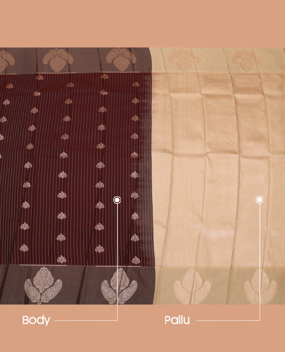 Brown Budget Silk Saree, Graced with Zari Buttas and Stripes, a Contrast Zari Border, Grand Pallu, and a Contrast Blouse