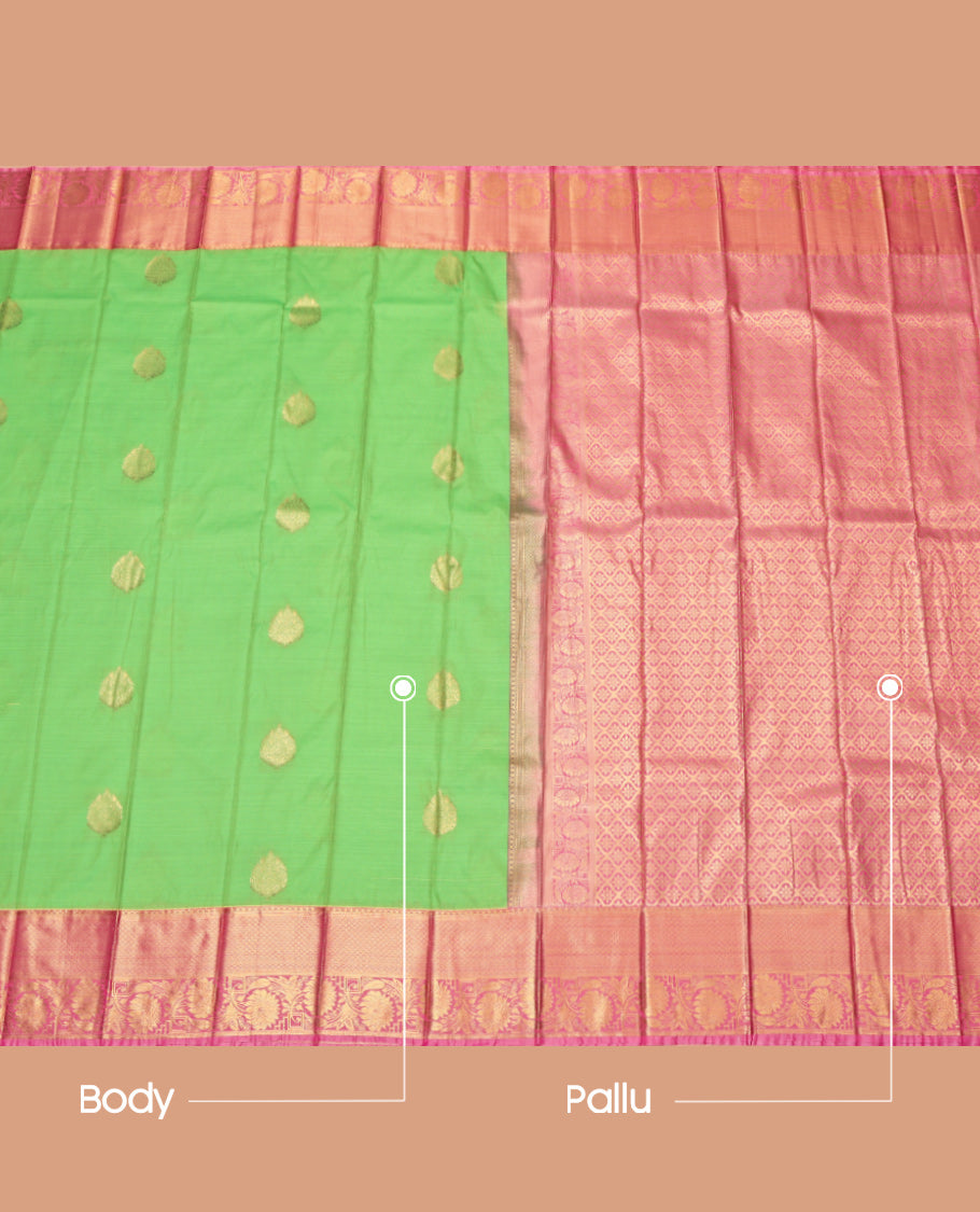 Green Budget Silk Saree, Subtly Sparkled With Zari Buttas, Complemented by Contrast Traditional Zari Border, Grand Pallu and a Contrast Blouse