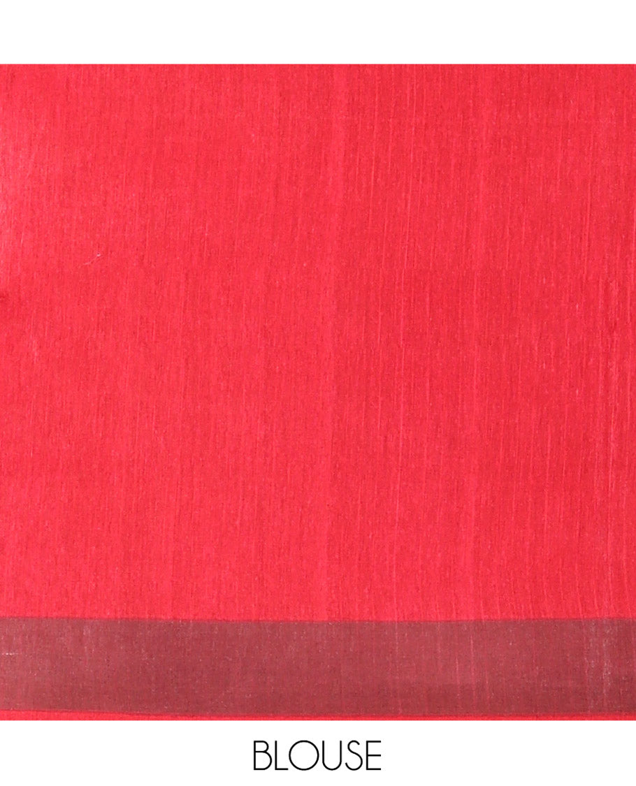Red Plain Tussar Silk Saree Colorfully Printed with Hand-Brush Painting-Style Floral Motifs, Pallu Beautified with Floral Print, and Paired with a Plain Blouse