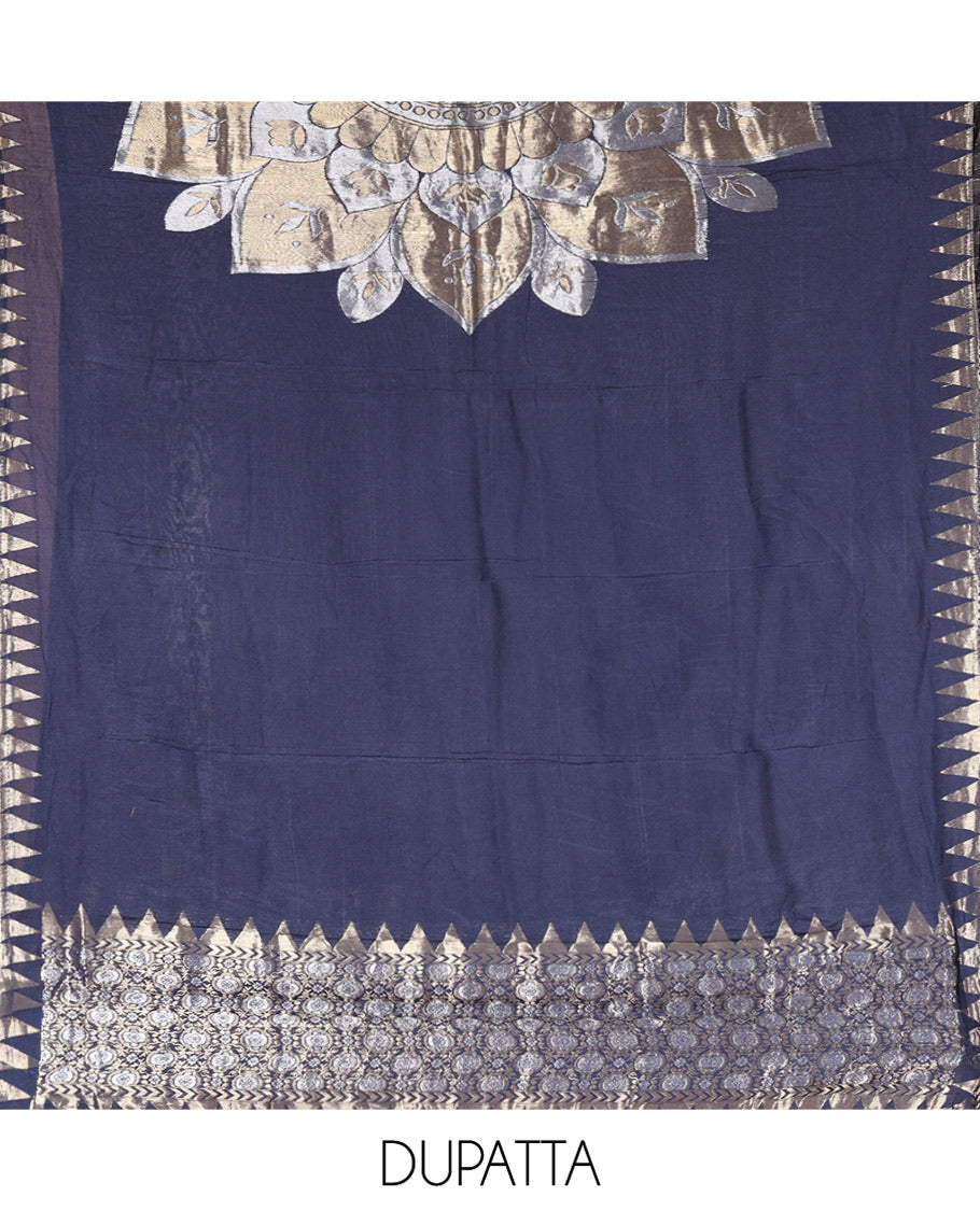 Blue Semi-Silk Material Churidar Features Zari Buttas Skirt, a Plain Bottom, and a Floral Motif Zari Woven Dupatta