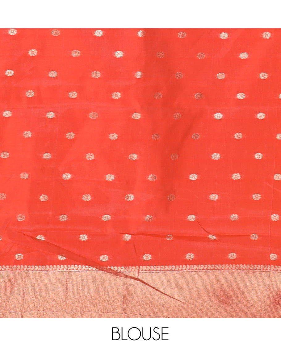 Off-White-Orange Semi-Silk Saree, Adorned with Floral Jacquard Design, a Zari Paisley Border, and a Contrast Blouse