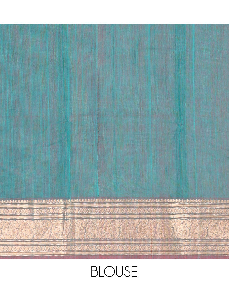 Sea Green Silk Cotton Saree, Elevated with Buttas, Complemented by Contrast Traditional Paisley Zari Design Border, Zari-Decked Pallu, and a Contrast Blouse