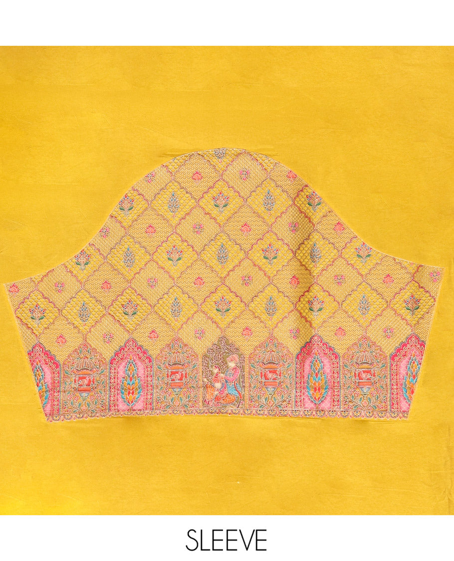 Yellow Plain Dola Silk Saree, Complemented by Captivating Contrast Border of Meenakari-style Mughal Human Figurines, Pallu Artfully Pictures Mughal Human Figurines, and Paired with a Matching Blouse
