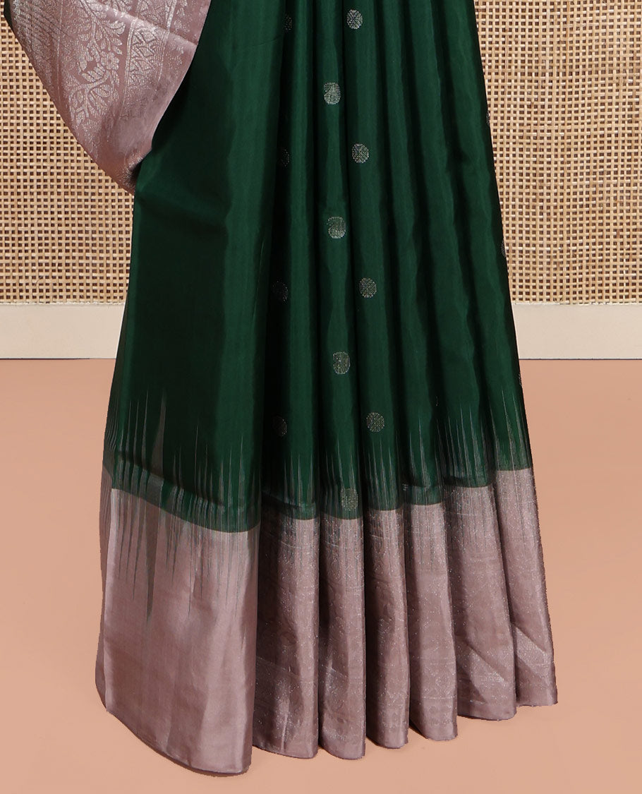 Green Mayuri Soft Silk Saree, Woven with Manga and Rudraksham Buttas, Complemented by a Contrast Border, Sparsely Woven Pallu, and a Contrast Blouse