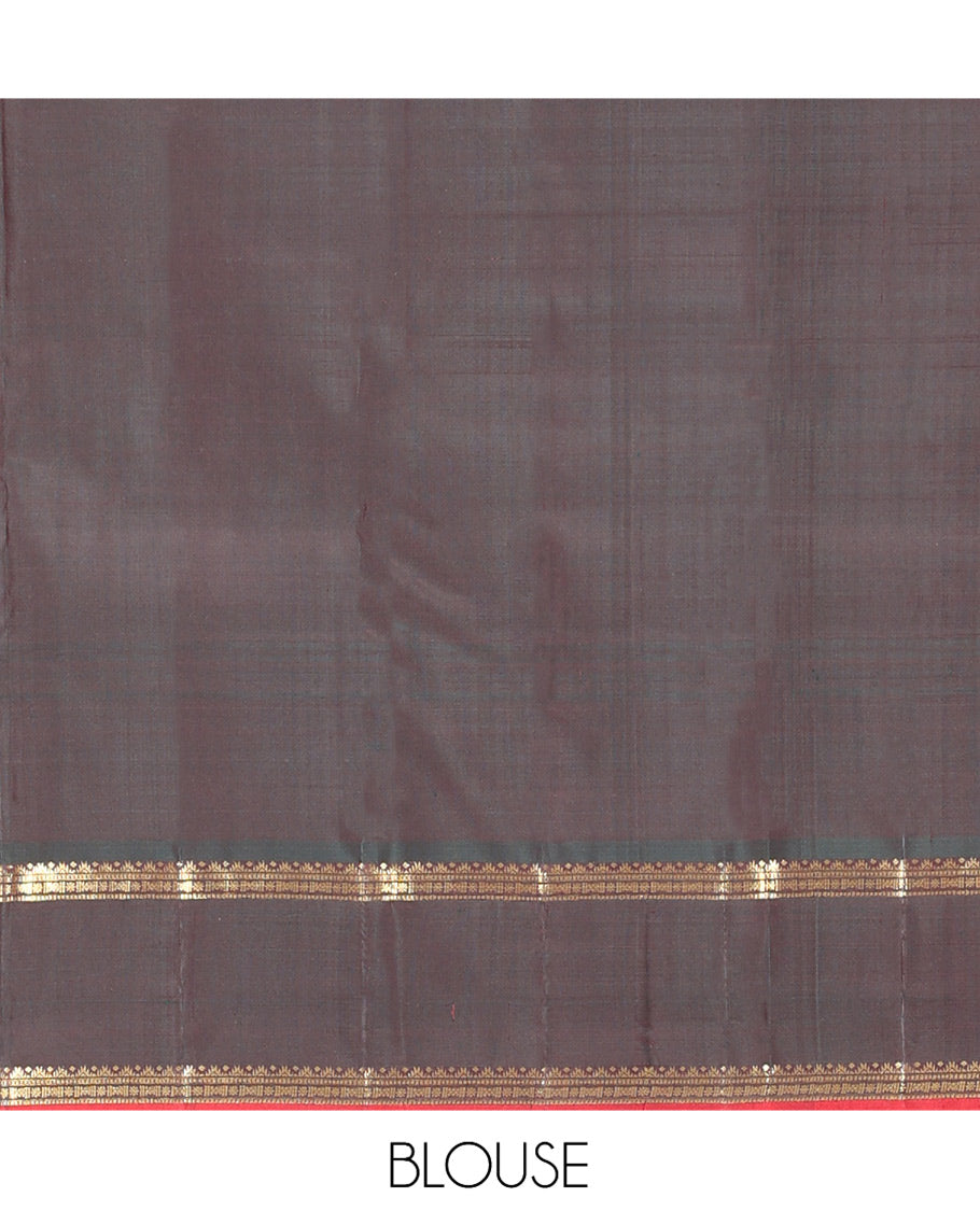 Brown Kanchipuram Silk Saree, Embellished with Mayil-Chakram Buttas, Highlighted by a Rettai Pettu Border, Grand Jaal Pallu, and Matching Blouse
