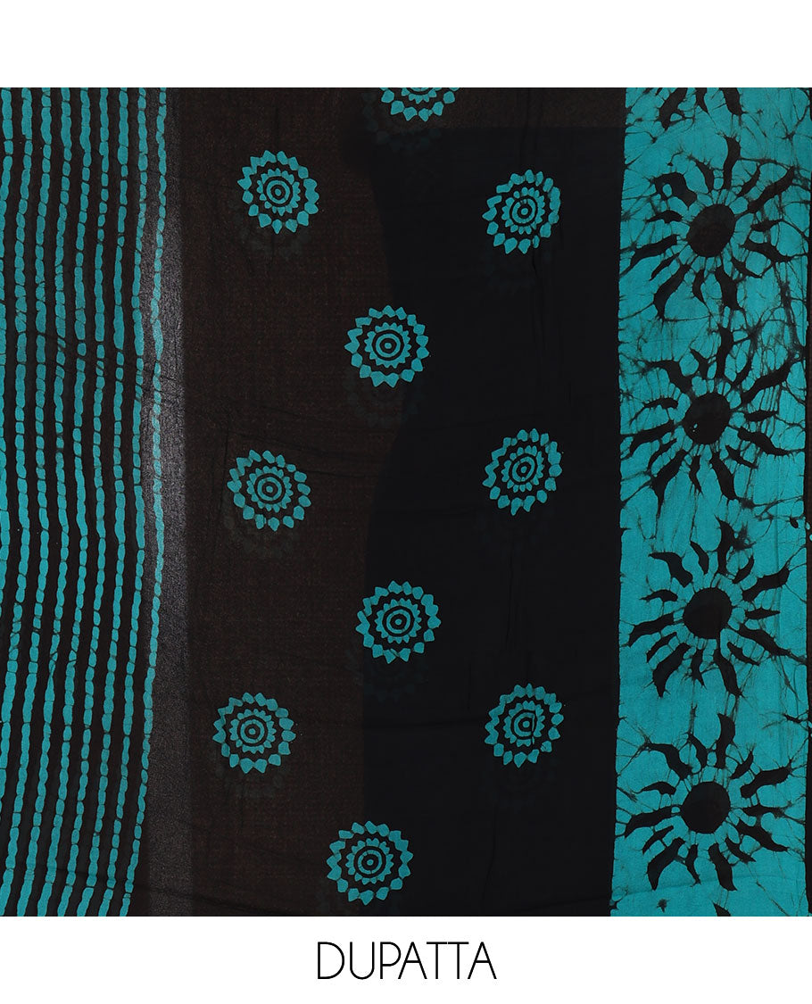Black and rama material chudidar set, sun brust and chakra motifs hand block printed Viscose georgette top, contrast bottom, and hand block printed viscose georgette dupatta