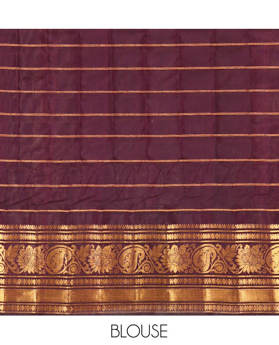 Mustard Gadwal Silk Saree, Adorned with Zari Butta Enclosed Checks, Complemented by a Contrast Traditional Zari Border, Grand Jaal Pallu, and a Contrast Blouse