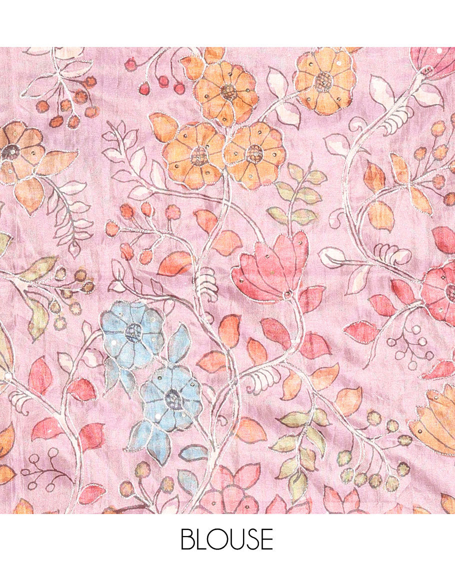 Onion Pink Fancy Tussar Saree, Floral-Paisley Border, Grand Pallu, a Contrast Printed Blouse, Matching Brocade Blouse
