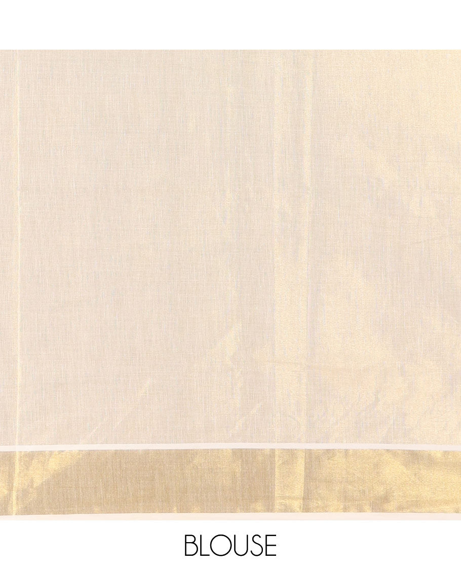 Cream-violet Pongal-festive theme block printed Kerala cotton saree, pongal pot printed body, bavanji border, and Pongal theme block print pallu, and a matching blouse