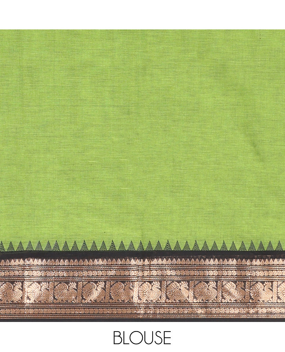 Green Plain Chettinad Cotton Saree, Enhanced by a Contrast Traditional Temple Peacock Border, a Striped Pallu and a Matching Blouse