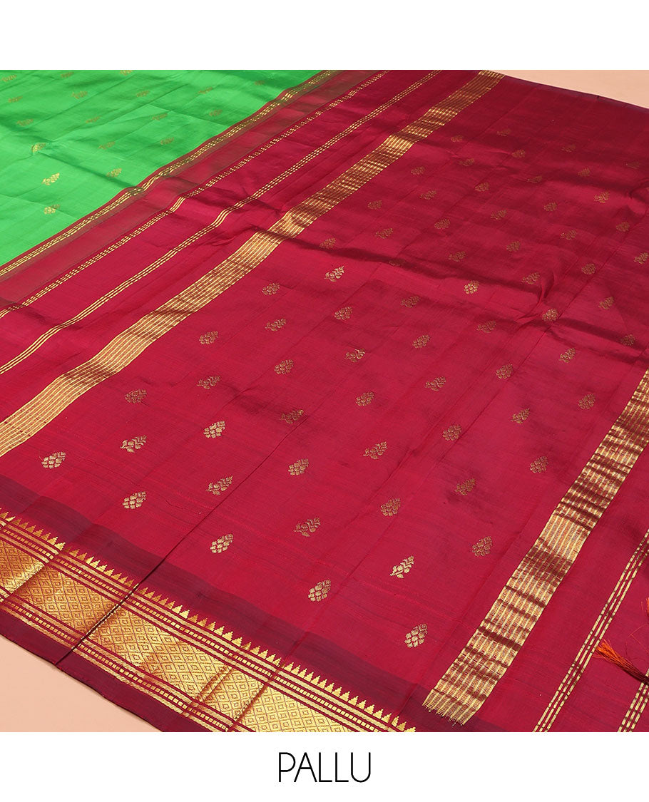 Green Kanchipuram Silk Saree, Embellished with Zari Buttas on Its Body, Complemented by a Contrast One-Sided Korvai Border of Rekku, Banaras, Muthu, and Mayil Kann Designs, Pallu Features Zari Designs, and Comes Without a Blouse