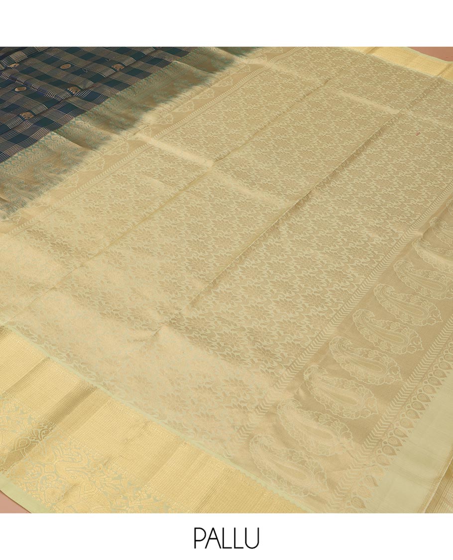 Green Vasundhara Silk Saree, Enriched with Zari Butta Enclosed Checked All Over Its Body, Complemented by a Contrast Border of Yaanai Designs, Intricately Designed Pallu, and Paired with a Contrast Blouse