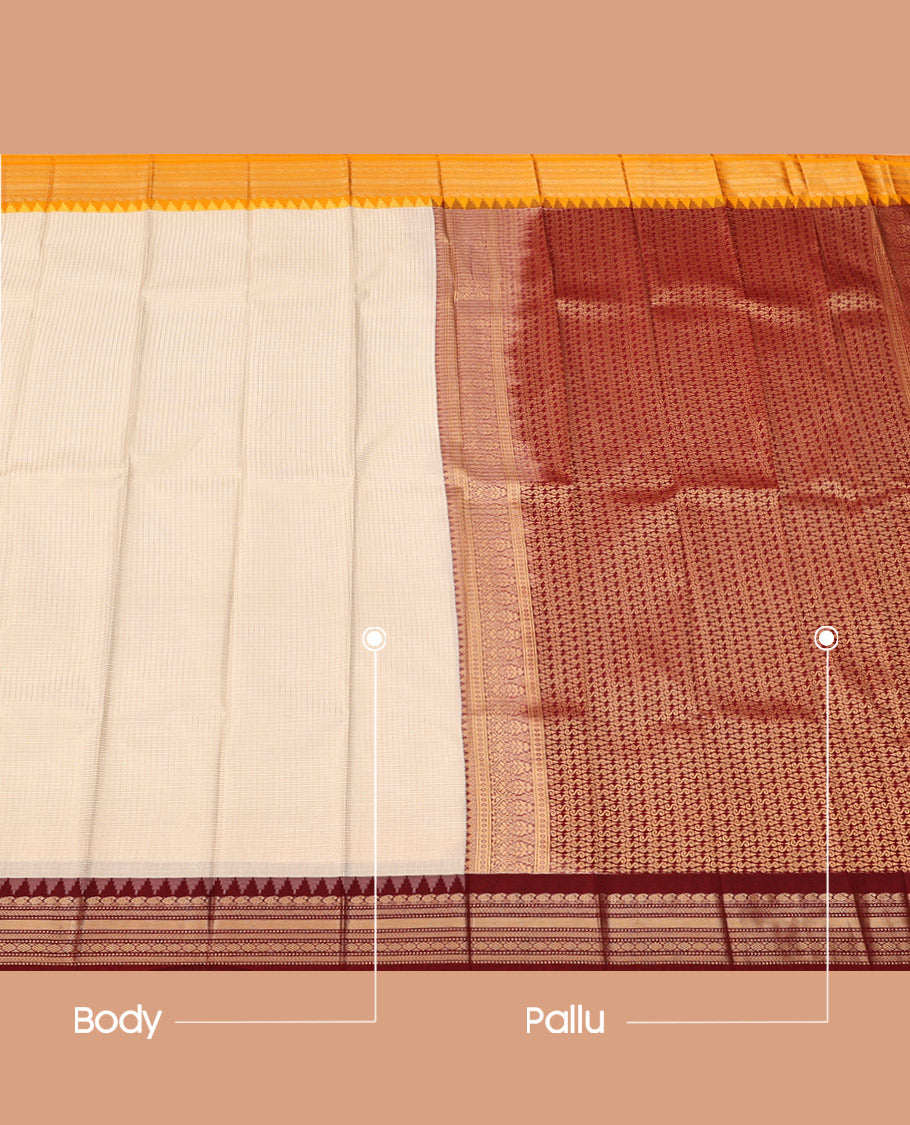 Off-White Checked Budget Silk Saree, Contrast Border and Blouse