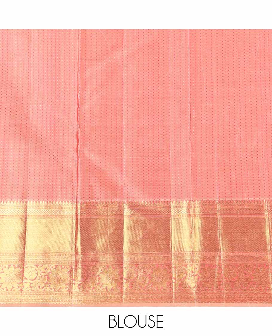 Peach floral jacquard silk saree with self border of paun, kuyil kann, banaras design & zari design pallu