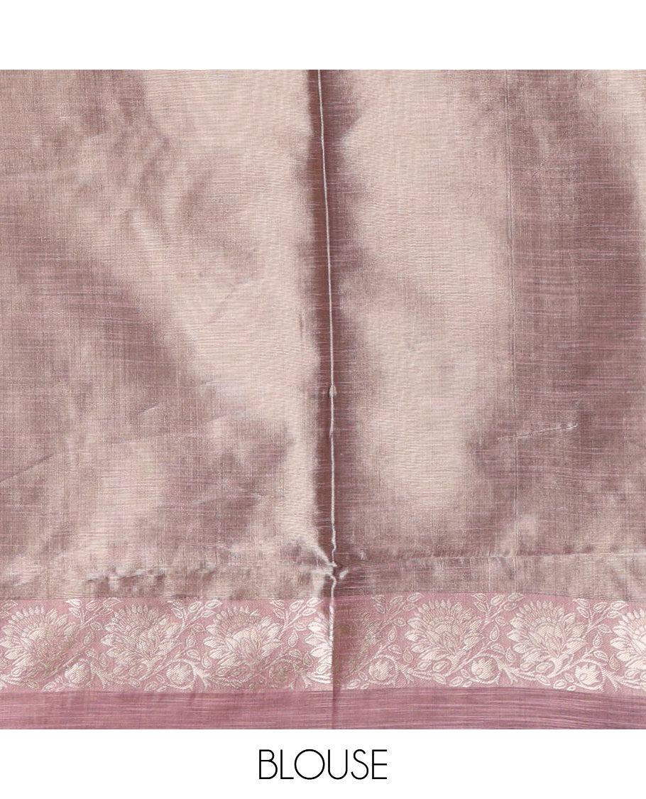 Light purple banarasi jute saree with zari buttas, floral creeper zari border, floral jaal zari woven pallu & zari woven blouse