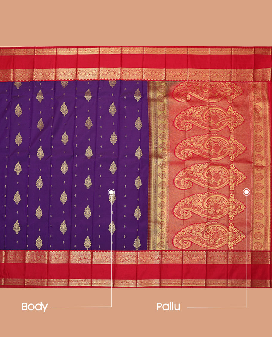 Violet Budget Silk Saree, Spotlighted with Zari Buttas, Complemented by Contrast Traditional Rettai Pettu Border, Grand Pallu, and a Contrast Blouse
