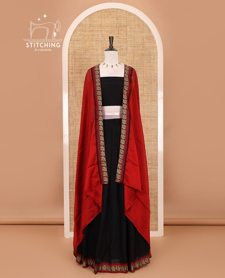 Black-red mercerised cotton half-saree, plain & contrast temple & peacock border skirt, matching blouse & contrast syska georgette dhavani