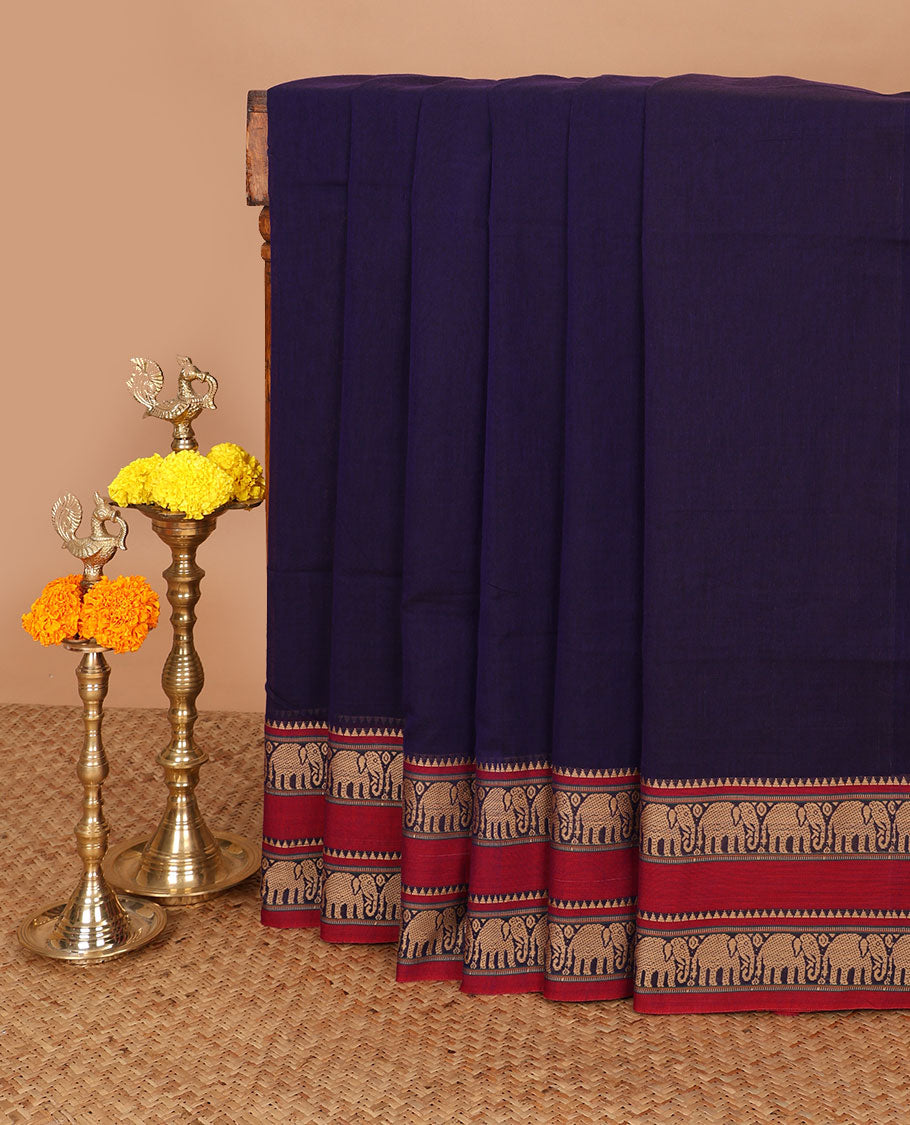 Blue mercerised cotton saree with elephant thread weaving border & seer pallu along with running blouse