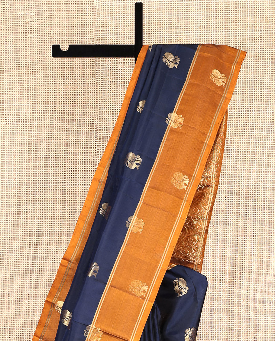 Blue Mayuri Lite Silk Mix Saree, Ornamented with Peacock Buttas, Complemented by a Contrast Peacock Border, Pallu of Vine Designs, and a Contrast Blouse