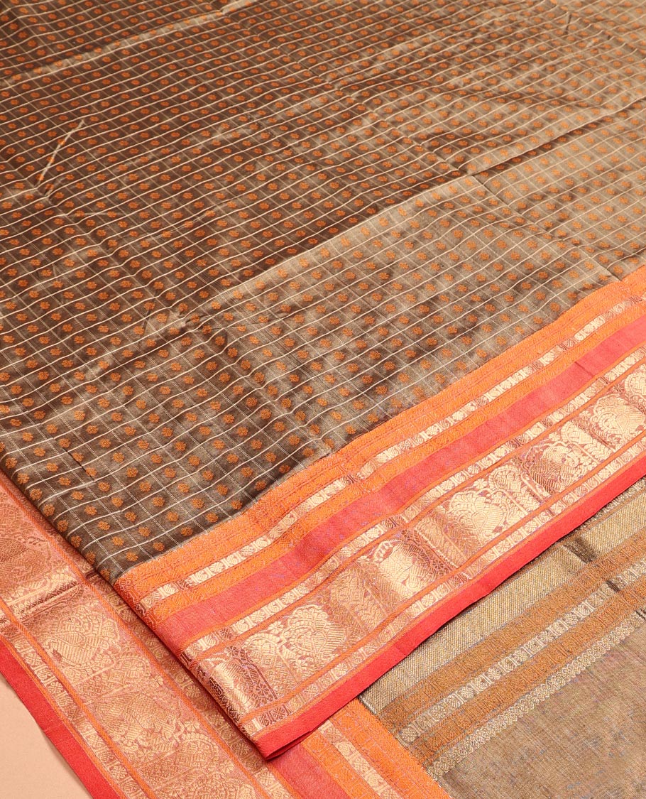 Brown Kuppadam Silk Saree, Finely Crafted with Butta Enclosed Checks, a Contrast Traditional Peacock-Elephant Border, Pallu of Peacock Designs, and a Matching Blouse