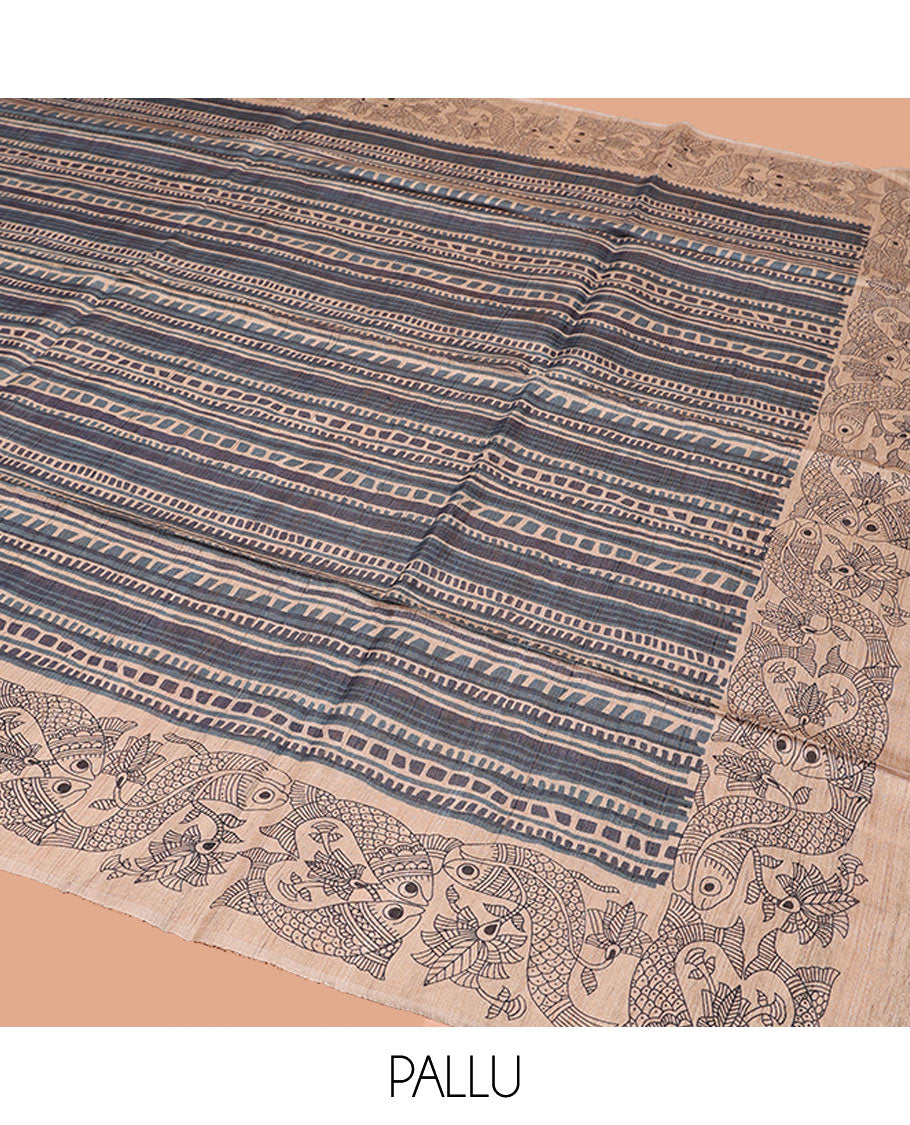 Blue-Grey Tussar Silk Saree, Impeccably Styled with Geometric Patterns, Complemented by a Contrast Fishes Printed Border, Printed Pallu, and a Contrast Blouse