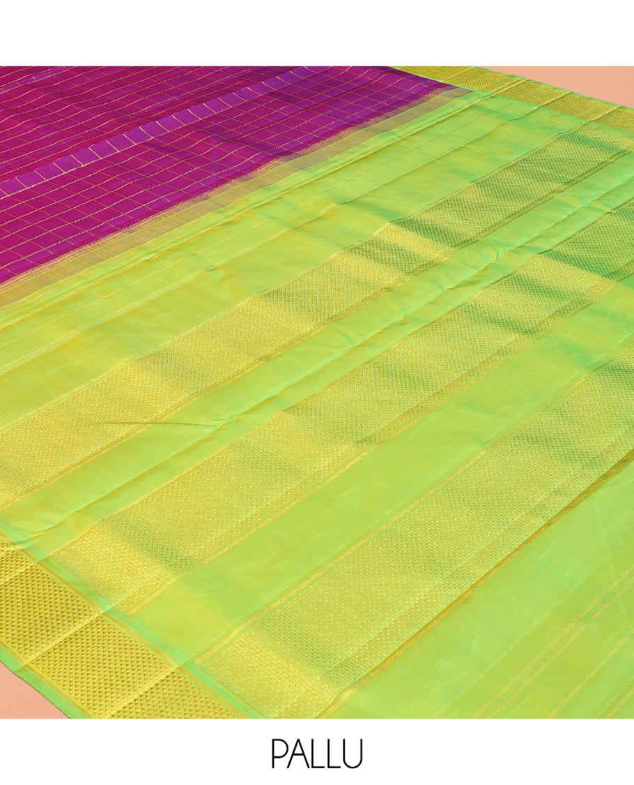 Purple Zari-Checked Nine-Yard Silk Saree, Complemented by a Contrast Korvai Ara Maadam Border, Striped Pallu, and No Blouse