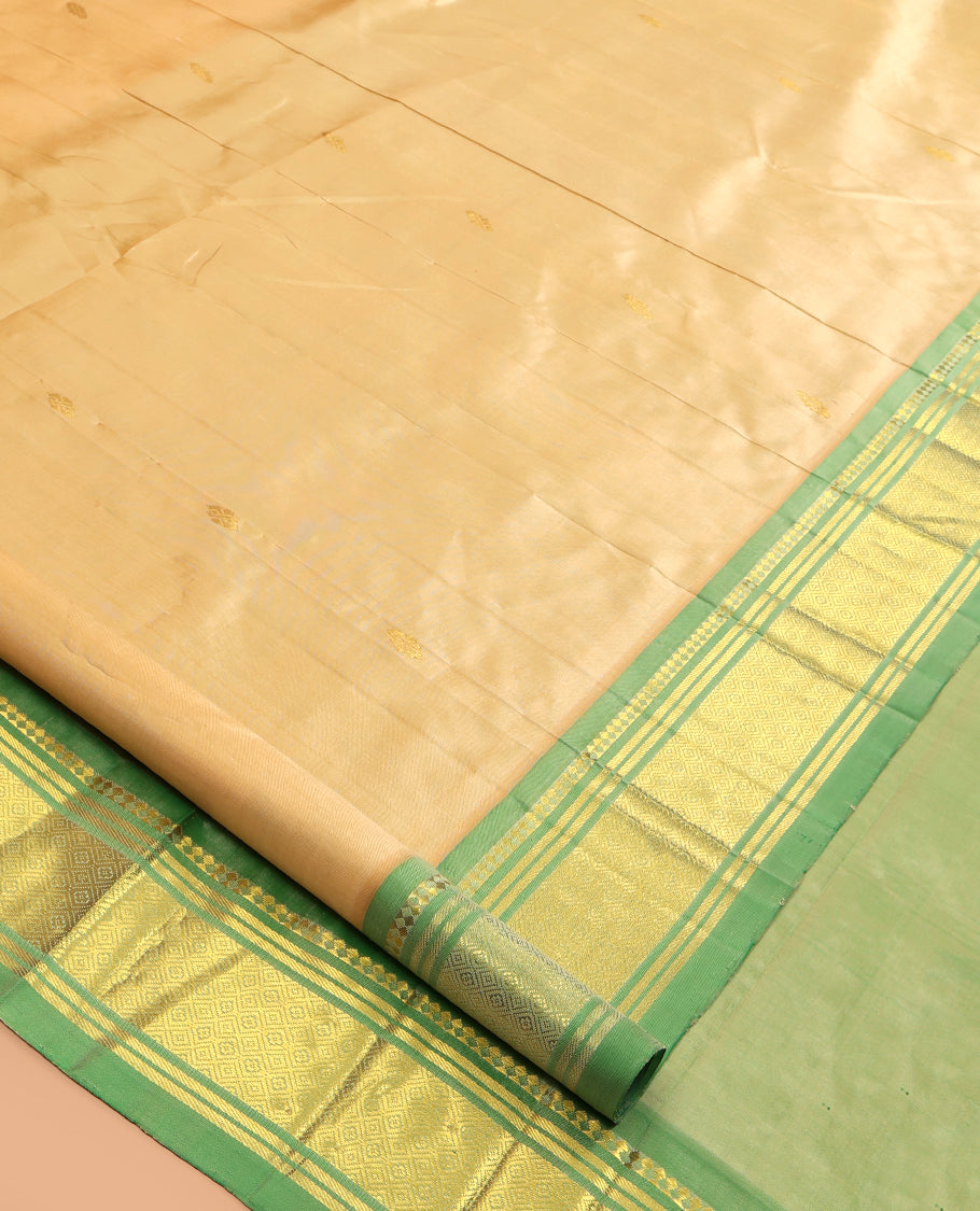 Sandal Kanchipuram Silk Saree, Subtly Woven with Zari Buttas, a Contrast One-Sided Border of Paneer Sombu, Banaras and Jaal Design, Zari Design Pallu, and No Blouse