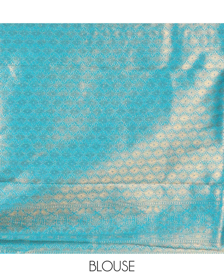 Cream-Anantha Blue Banarasi Softy Half-Saree Features Jacquard, Contrast Traditional Border, Jacquard Blouse, Intricate Dhavani