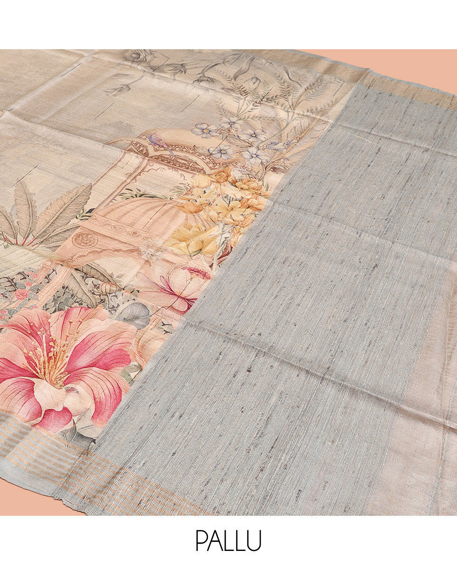 Off-White Tussar Silk Saree, Beautifully Bedecked with Fantasy-Style Floral and Buildings Printed on Its Body, a Subtle Contrast Striped Border, Heathered Pallu, and Paired with a Matching Blouse