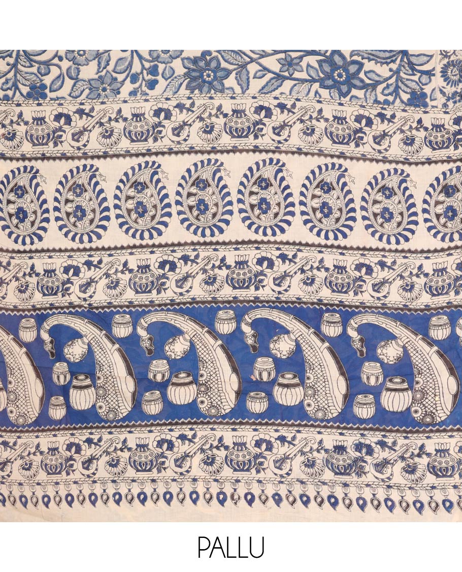 Blue Machine-Printed Kalamkari Cotton Saree Features Floral Vine Design, a Floral Printed Border, Pallu of Musical Instruments, and a Matching Blouse