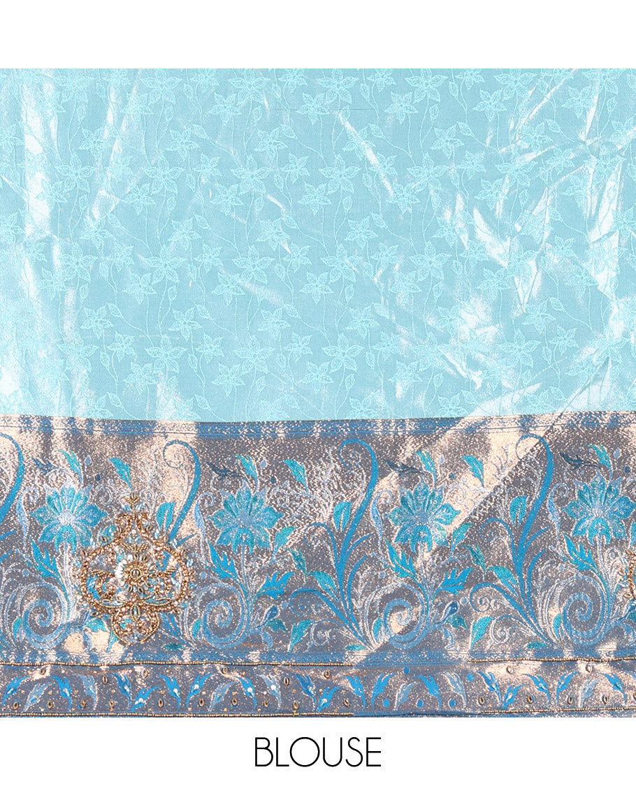 Sea Green and Peacock Green Half-Saree Set, Subtly Sparkled with Floral Vine Design on Its Banarasi Skirt, Complemented by Contrast Meenakari Floral Design with Embroidered Border, Matching Blouse, and Paired with a Banaras Dupatta