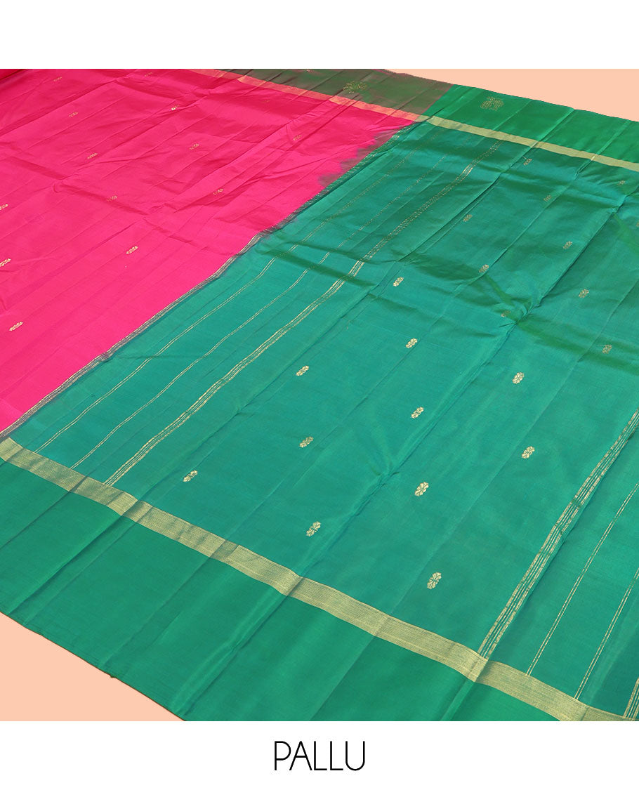 Pink Kanchipuram Silk Saree, Woven with Zari Buttas, Complemented by a Contrast Mayil and Yaanai Border, Pallu of Zari Design, and Contrast Blouse