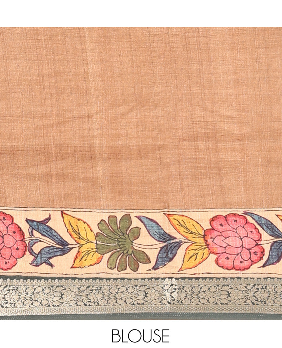 Grey Kalamkari Saree, Accentuated with Floral Vine Print, Complemented by Contrast Zari and Printed Border, Human Figurines Printed Pallu, and a Contrast Blouse
