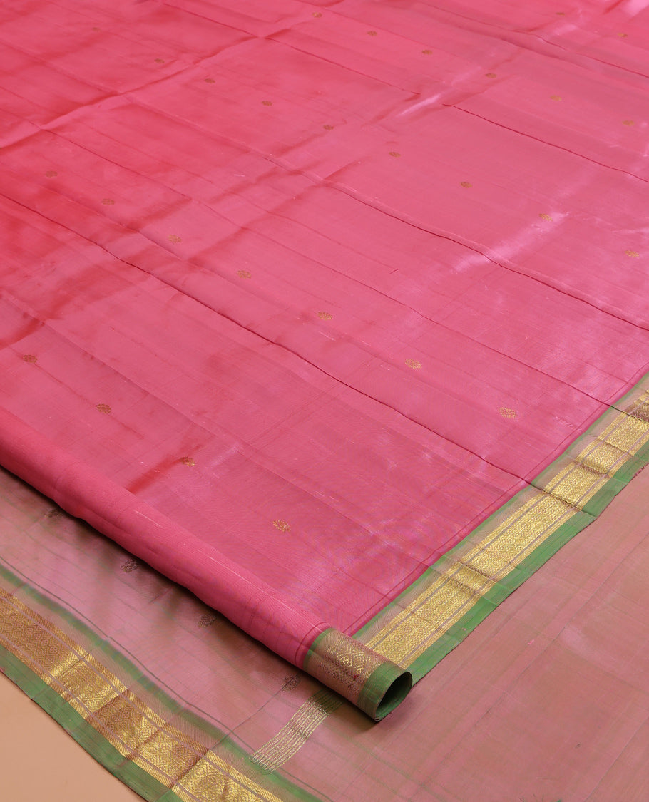 Pink Kanchipuram Silk Saree, Woven with Zari Buttas, a Contrast Jaal Zari One-sided Border, Zari Woven Pallu, and No Blouse