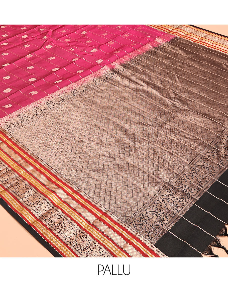 Majenta Striped-Mayil Buttas Vasundhara Silksaree, Contrast Border of Mayil Kann, Mayil, and Yaali, Jaal Pallu, and a Contrast Blouse