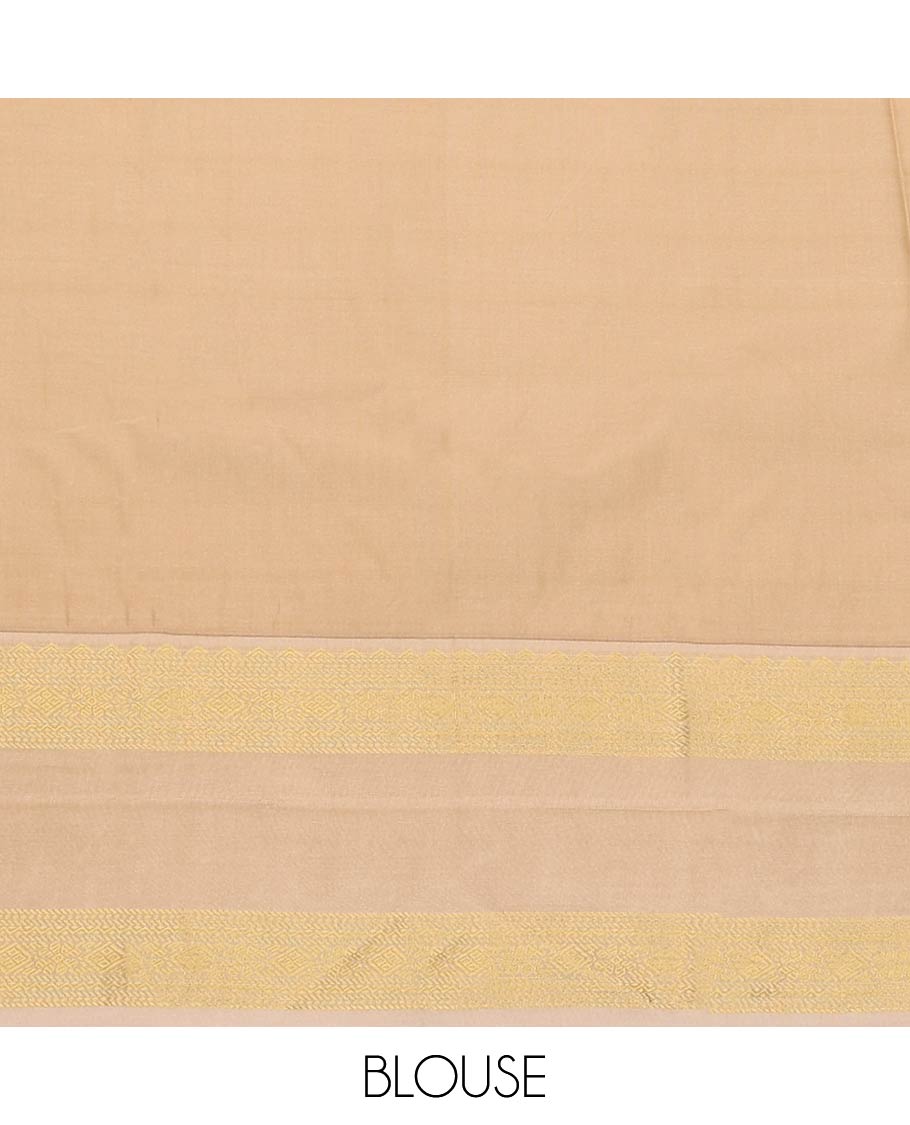 Green Budget Silk Saree, Detailed with Zari Buttas and Stripes All Over Its Body, Complemented by a Contrast Zari Border of Traditional Designs, Pallu of Subtle Jaal Design, and Paired with a Contrast Blouse